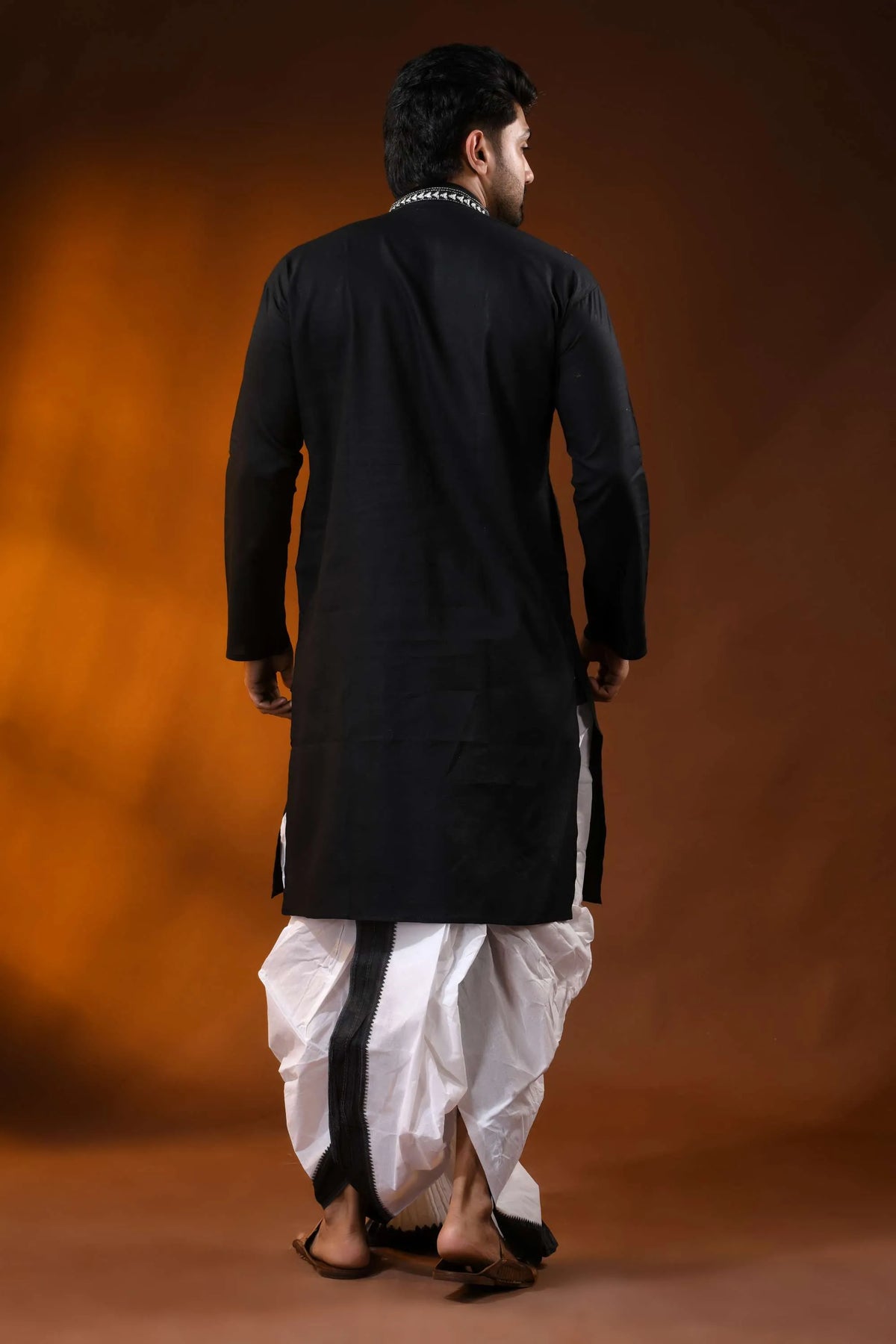 Raven black pure cotton punjabi for men with folk warli kantha work 6