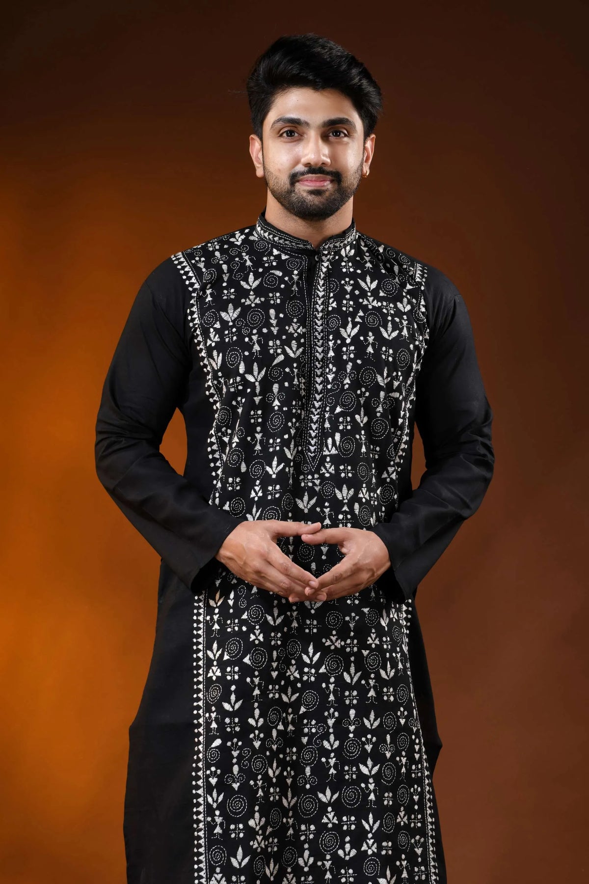 Raven black pure cotton punjabi for men with folk warli kantha work 2
