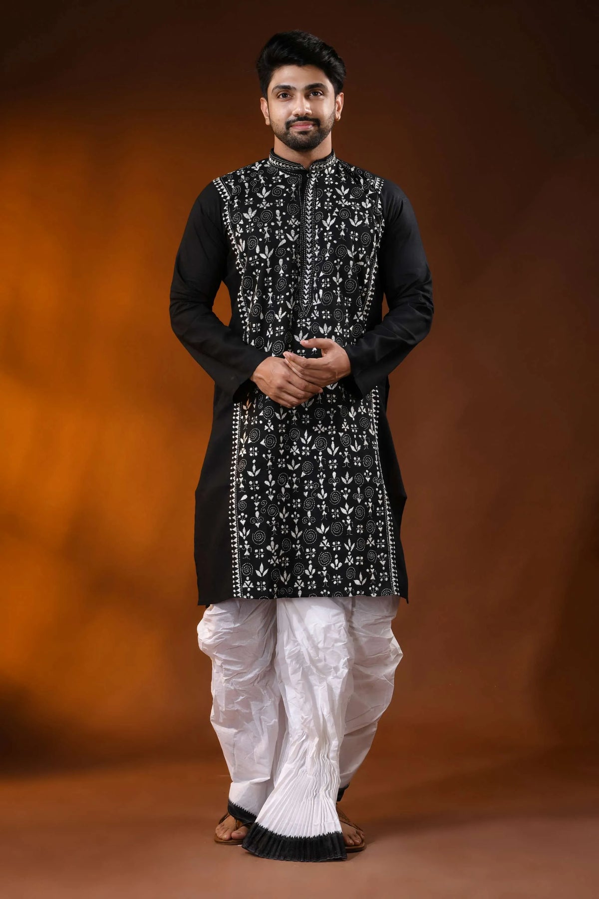 Raven black pure cotton punjabi for men with folk warli kantha work 1