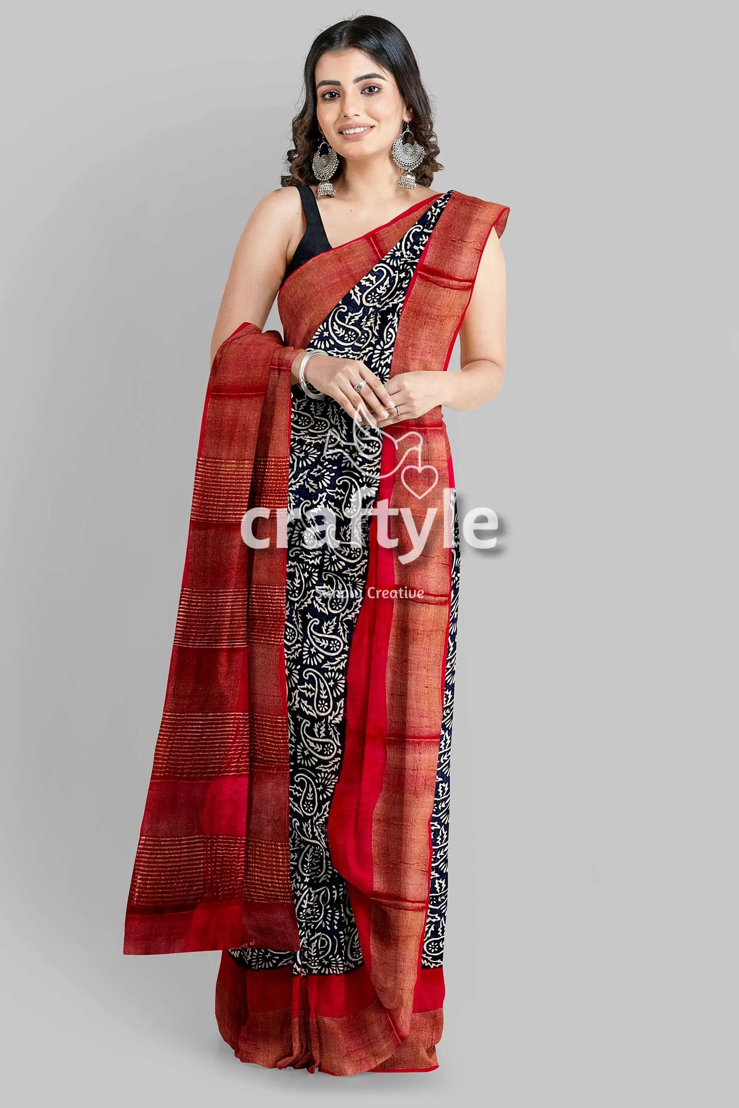 Raven black red hand block print zari border pure tussar saree woman red black saree 3