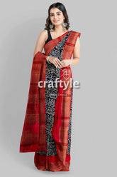 Raven black red hand block print zari border pure tussar saree woman red black saree 3
