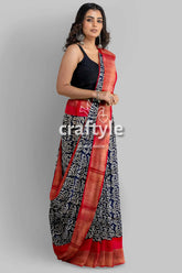 Raven black red hand block print zari border pure tussar saree woman patterned saree 4