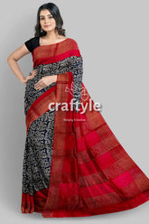 Raven black red hand block print zari border pure tussar saree woman black red saree 6