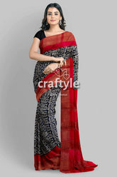 Raven black red hand block print zari border pure tussar saree woman black white patterned saree 1