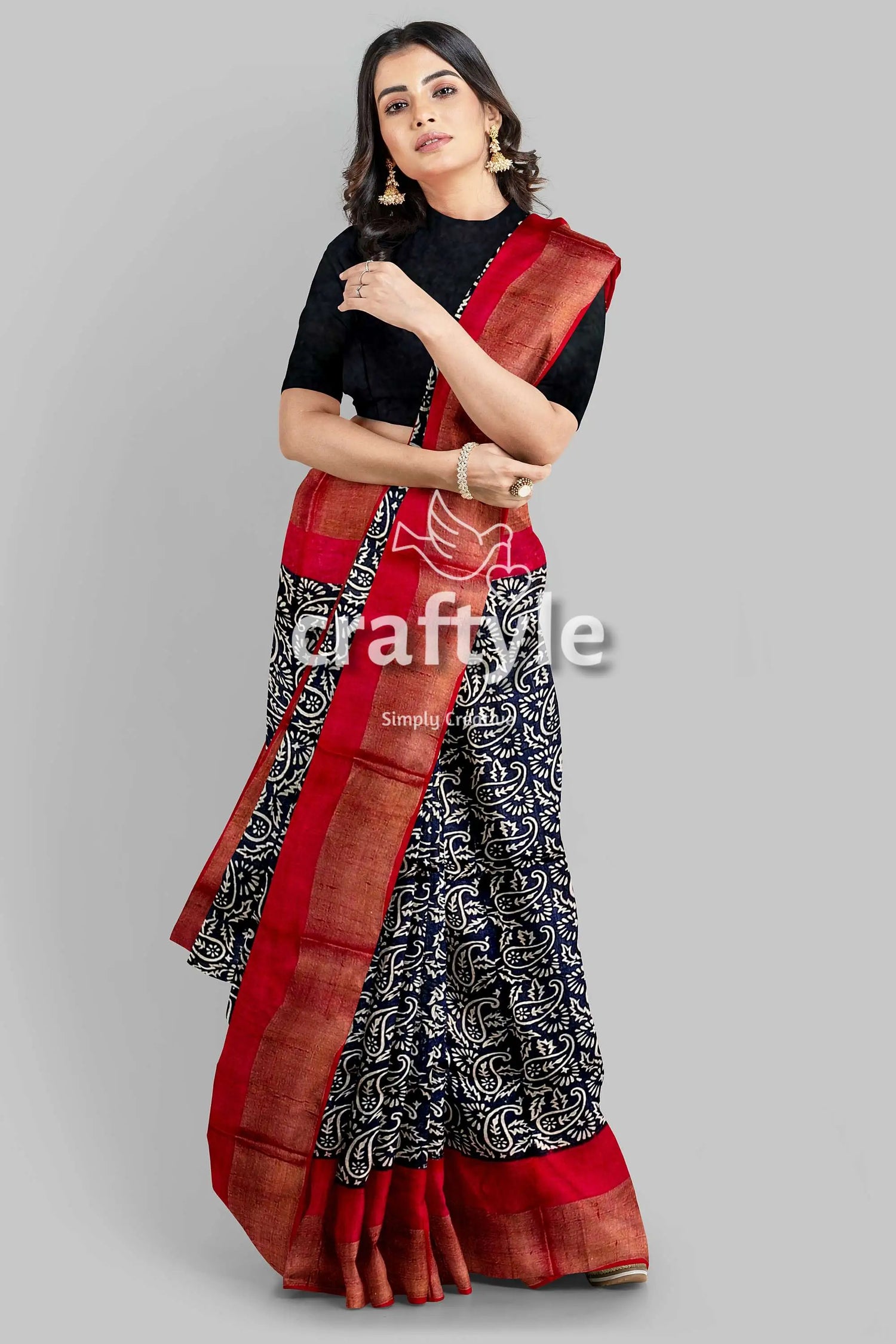 Raven black red hand block print zari border pure tussar saree woman black white saree red 5