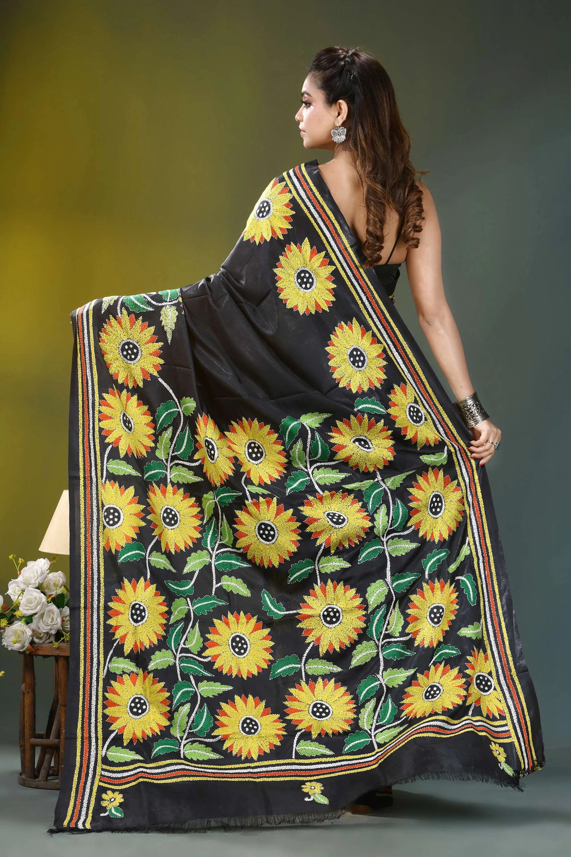 Raven black sunflower design silk kantha work saree black silk saree adorned vibrant 4