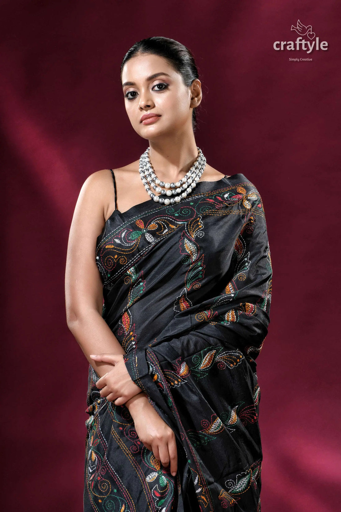 Raven black traditional silk kantha work saree black saree colorful embroidery 2