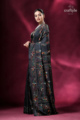 Raven black traditional silk kantha work saree woman dark embroidered saree 4