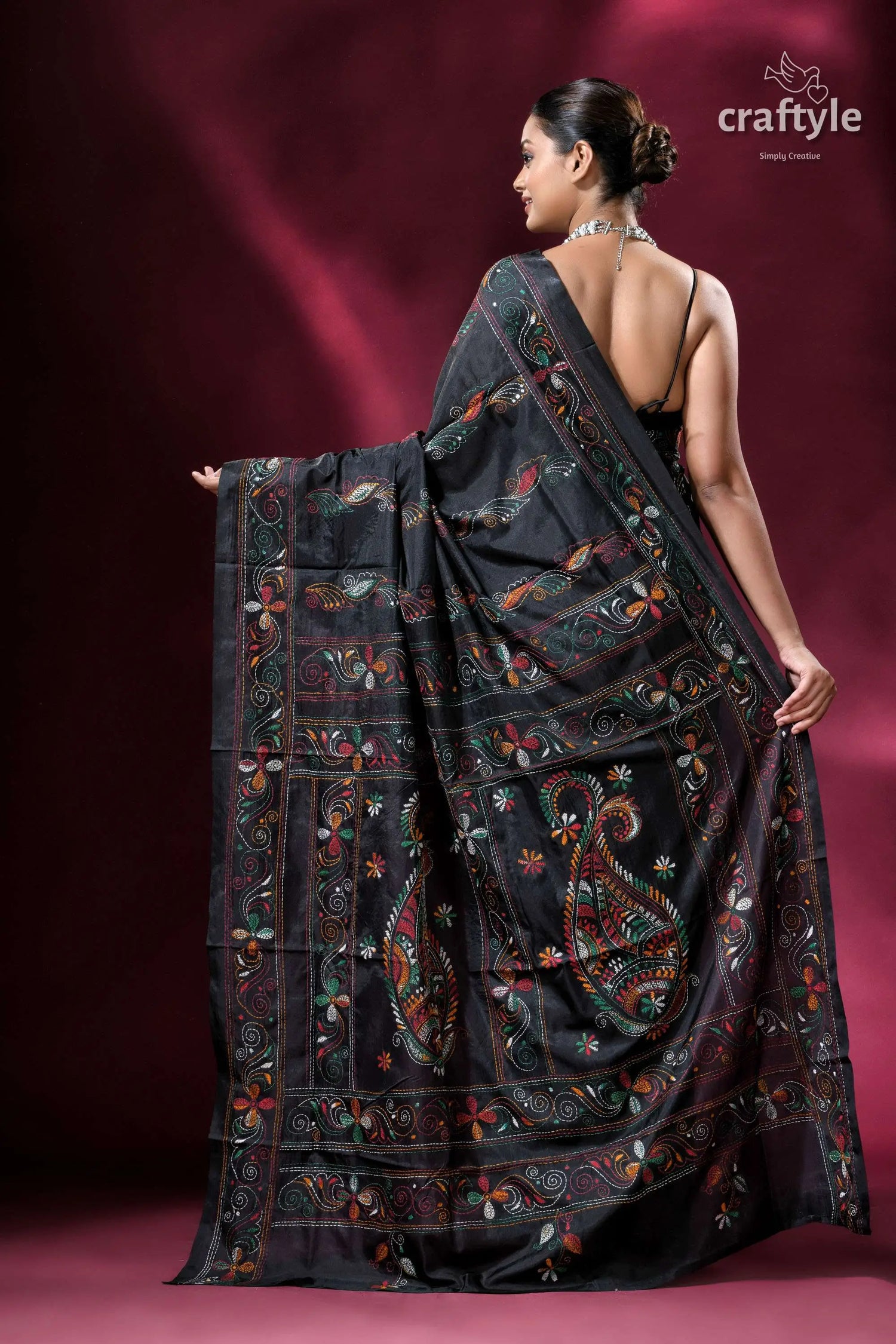 Raven black traditional silk kantha work saree black saree colorful embroidery 5