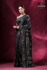 Raven black traditional silk kantha work saree elegant black saree floral embroidery 1