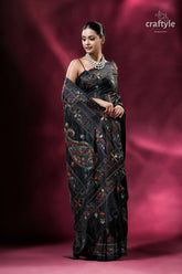 Raven black traditional silk kantha work saree elegant black embroidered saree 6