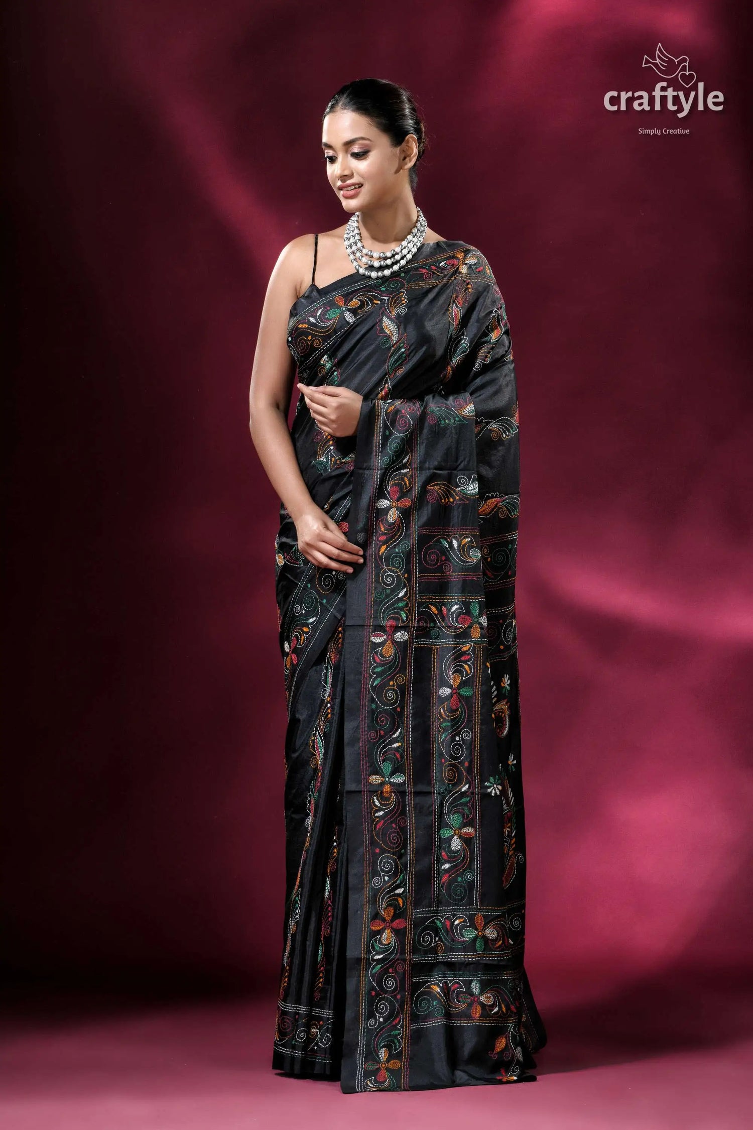 Raven black traditional silk kantha work saree elegant black saree floral embroidery 3