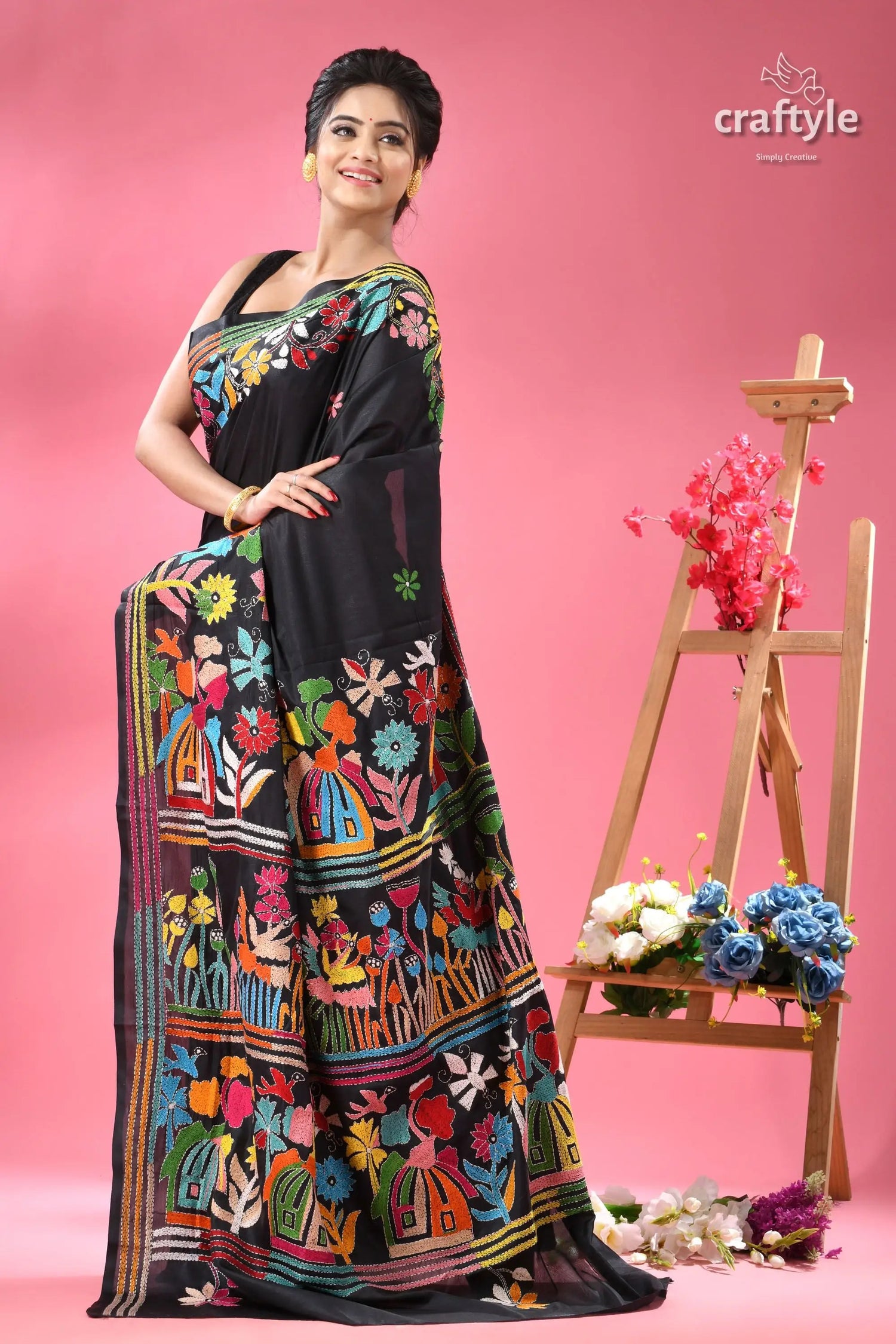 Raven black village theme designer kantha silk saree black saree vibrant multicolor floral 4