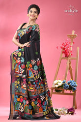 Raven black village theme designer kantha silk saree black saree vibrant multicolor floral 4