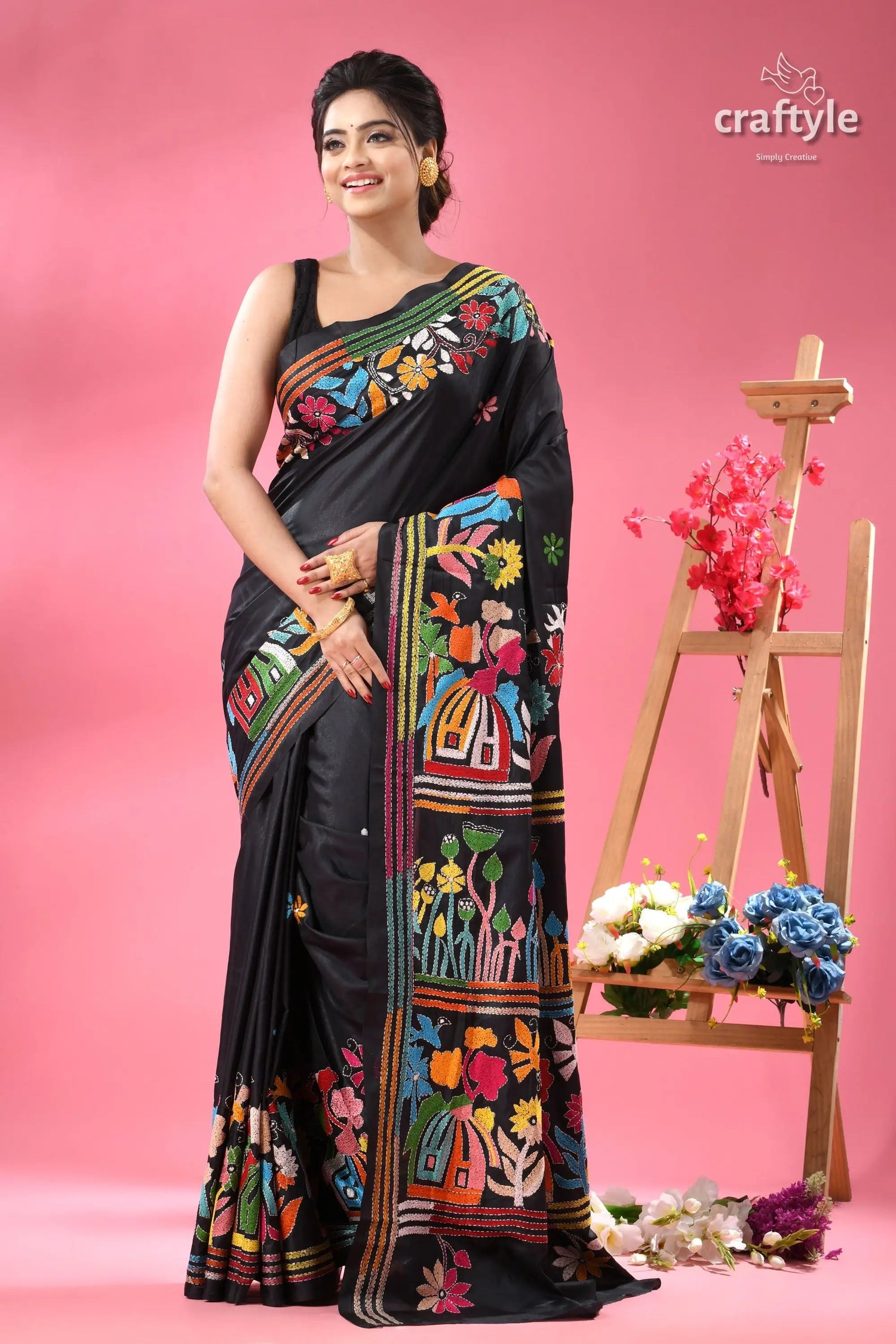 Raven black village theme designer kantha silk saree black saree colorful floral embroidery 1