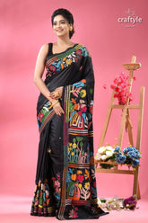 Raven black village theme designer kantha silk saree black saree colorful floral embroidery 1