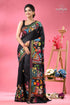 Raven black village theme designer kantha silk saree black saree colorful floral embroidery 1
