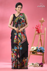 Raven black village theme designer kantha silk saree black saree vibrant colorful folk art 3