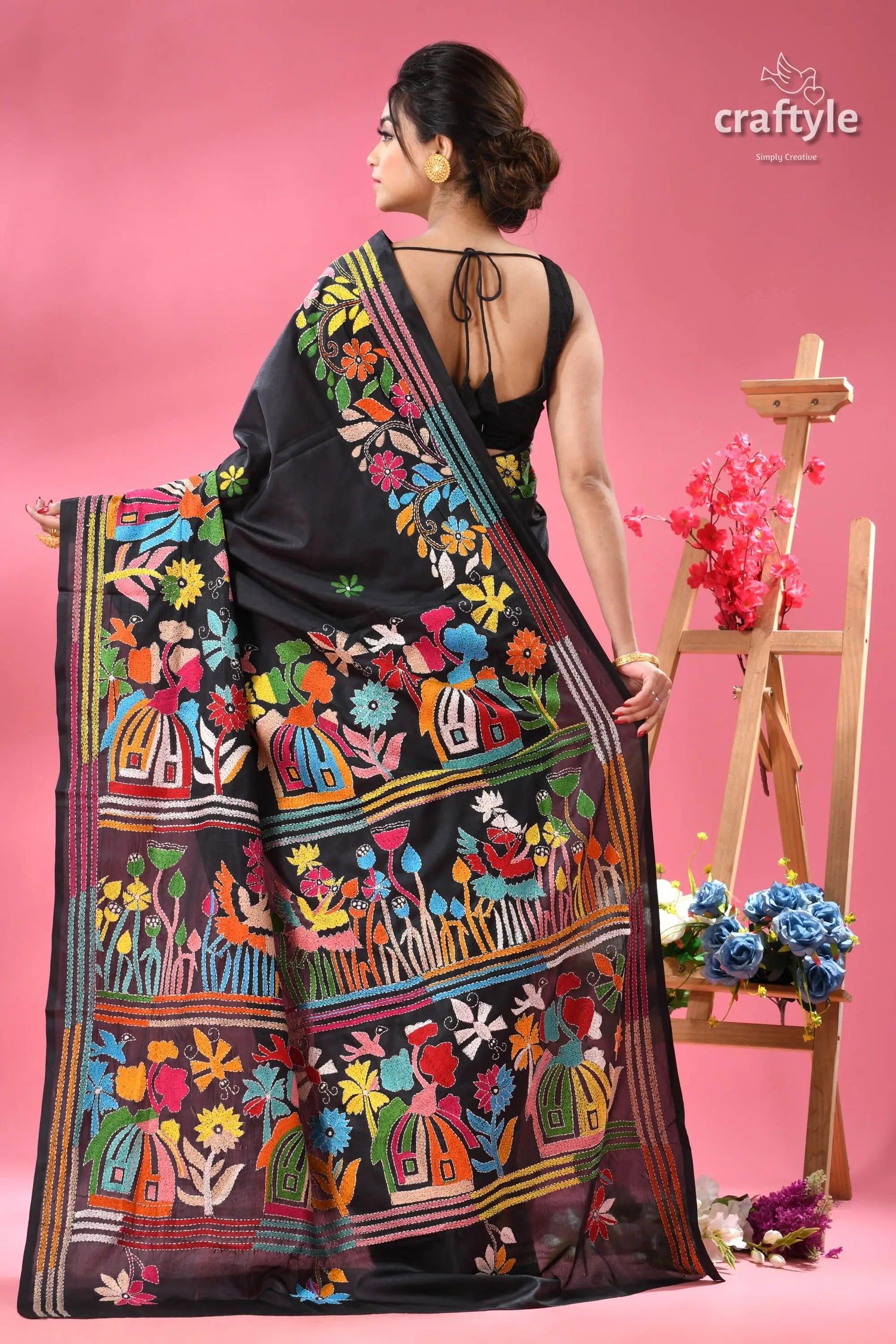 Raven black village theme designer kantha silk saree black saree vibrant colorful folk 5
