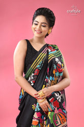 Raven black village theme designer kantha silk saree black silk saree colorful floral 2