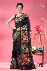 Raven black village theme designer kantha silk saree black saree vibrant multi colored floral 6