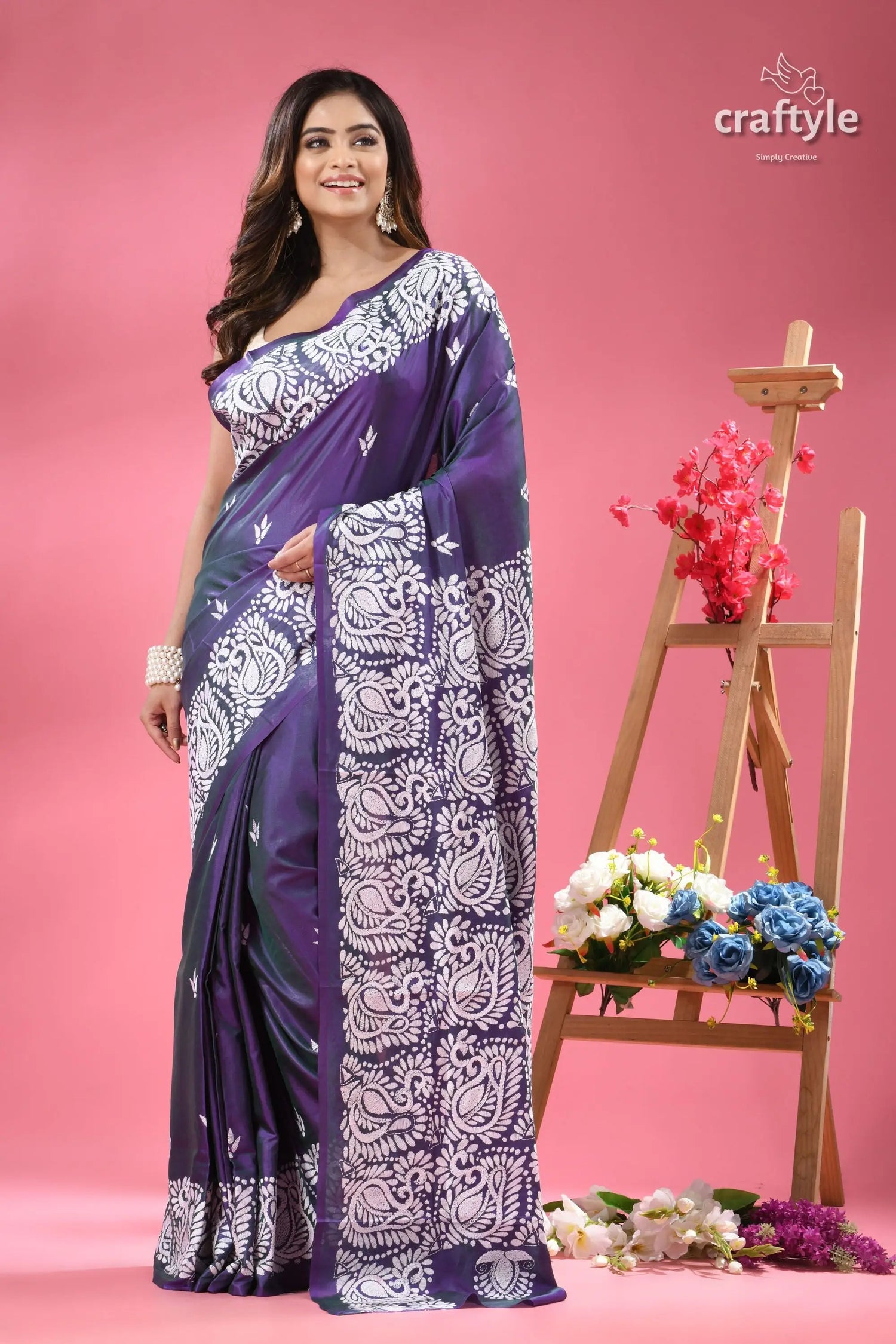 Rebecca purple and white traditional silk kantha saree purple silk sari white paisley 6