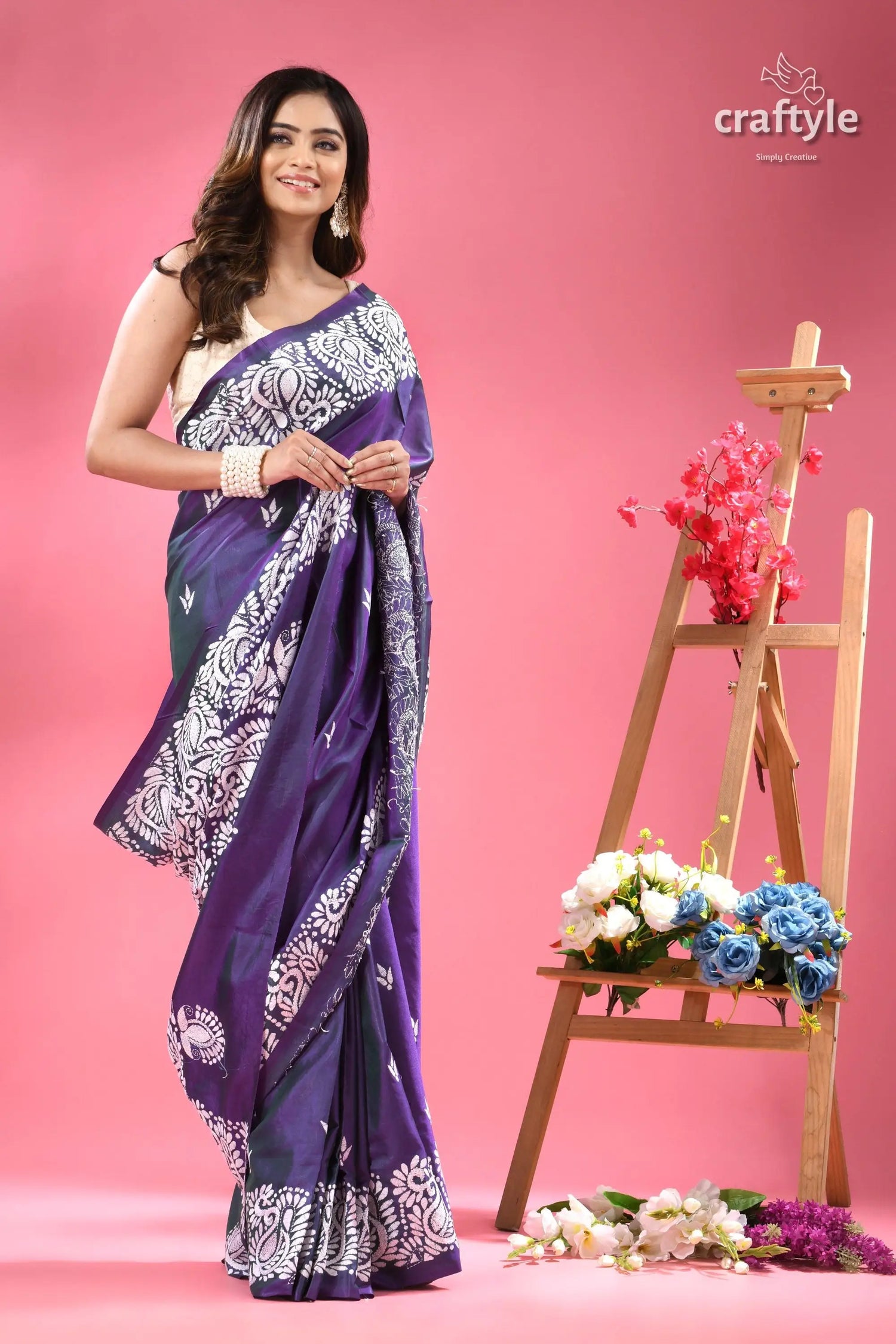 Rebecca purple and white traditional silk kantha saree woman purple white patterned silk 5