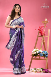 Rebecca purple and white traditional silk kantha saree woman purple white patterned silk 5