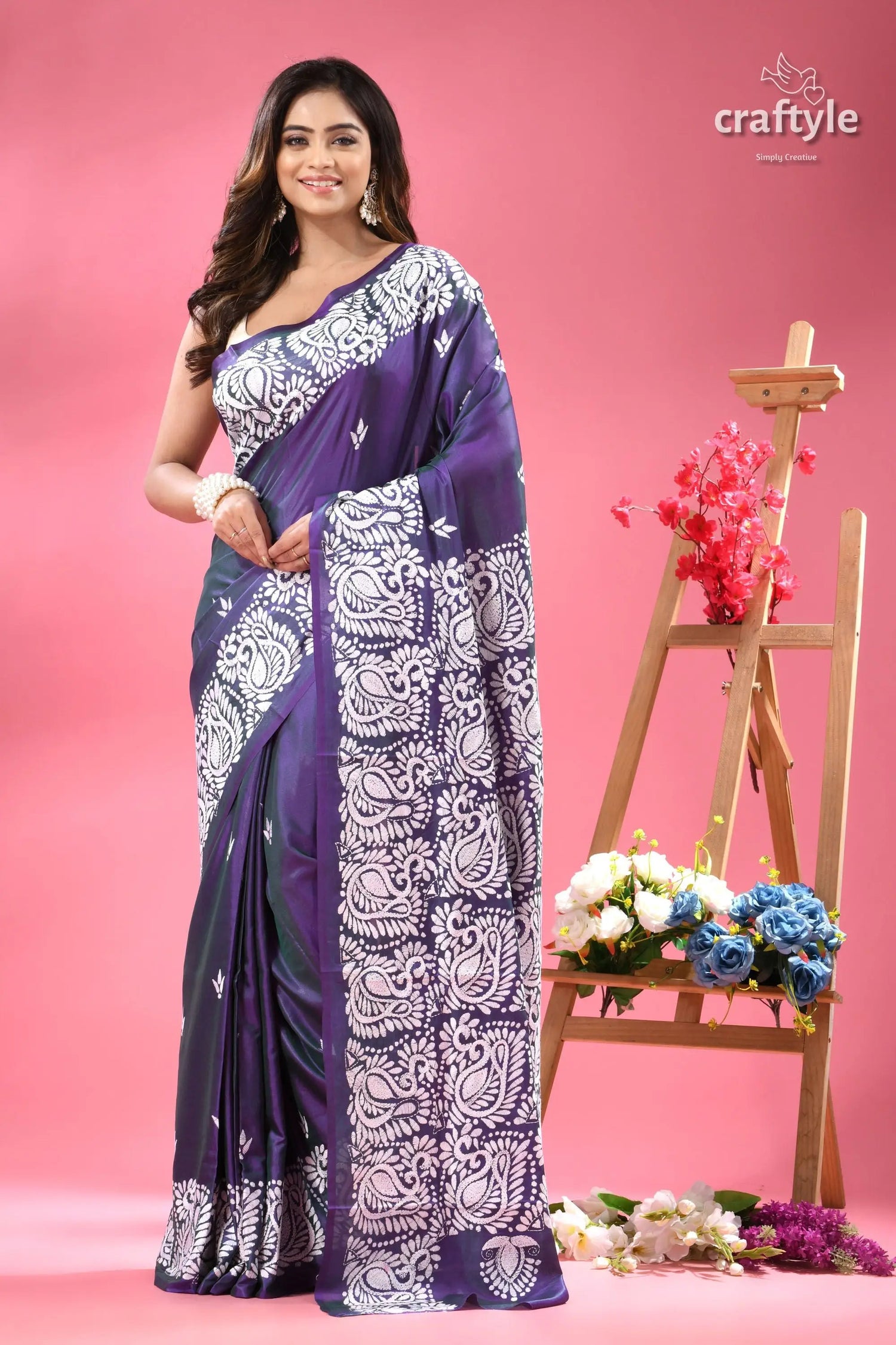 Rebecca purple and white traditional silk kantha saree purple silk saree white paisley 1