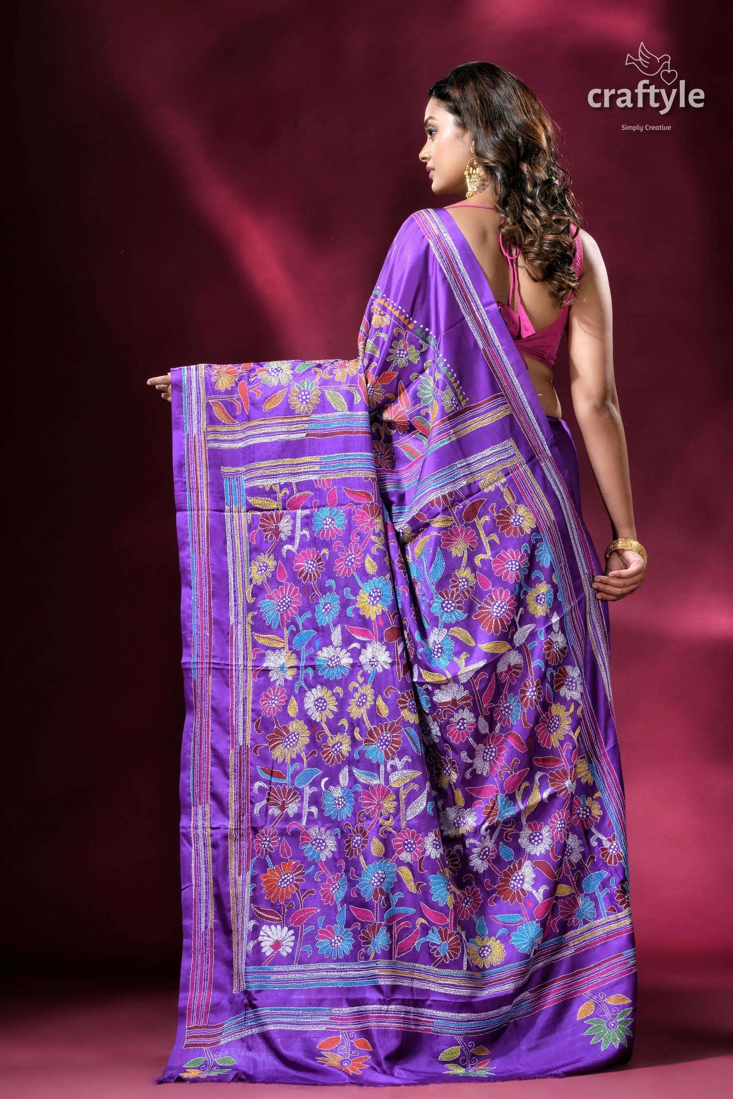 Rebecca purple flower motif silk kantha work saree purple floral embroidered saree 5
