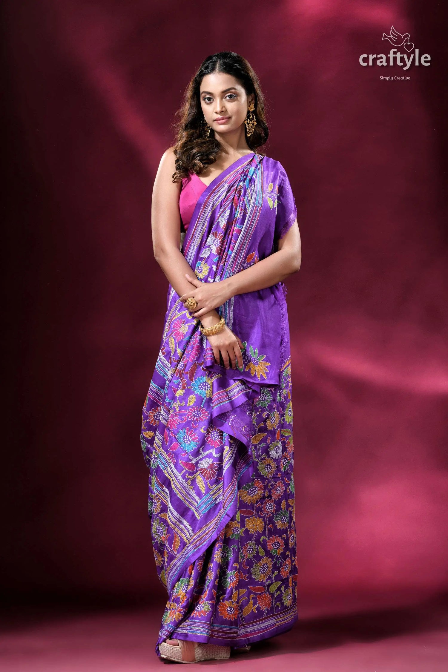 Rebecca purple flower motif silk kantha work saree woman purple patterned saree 4