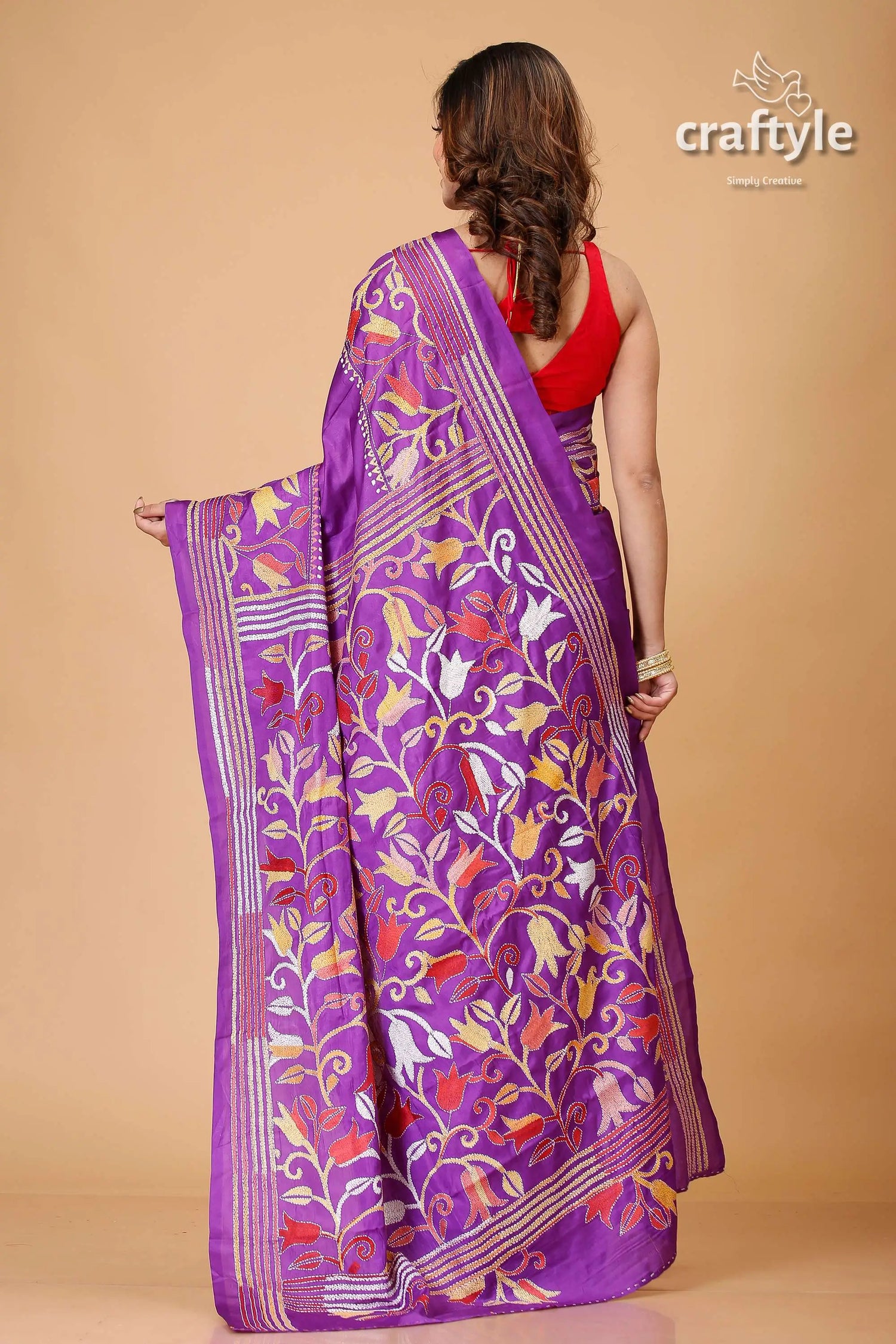 Rebecca purple tulip design artisanal silk kantha saree purple floral embroidered saree 5