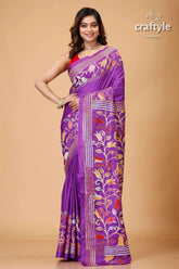 Rebecca purple tulip design artisanal silk kantha saree purple saree floral embroidery 1