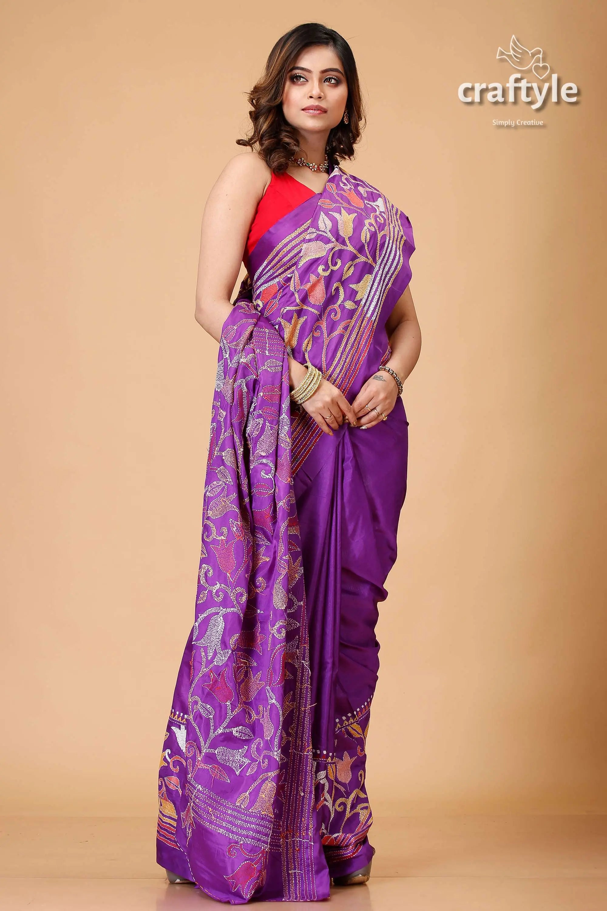 Rebecca purple tulip design artisanal silk kantha saree purple saree floral embroidery 4
