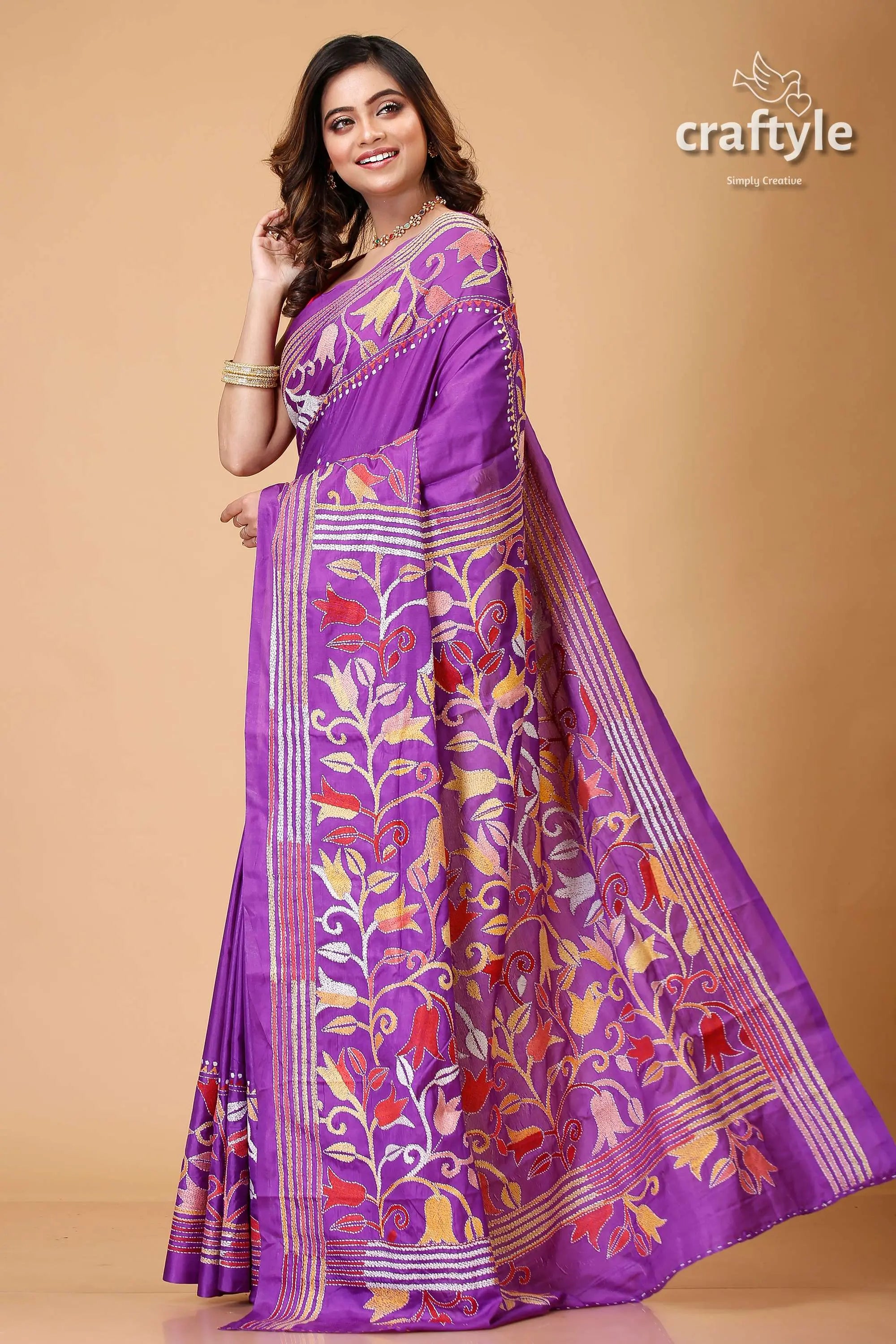 Rebecca purple tulip design artisanal silk kantha saree purple floral-patterned saree 3