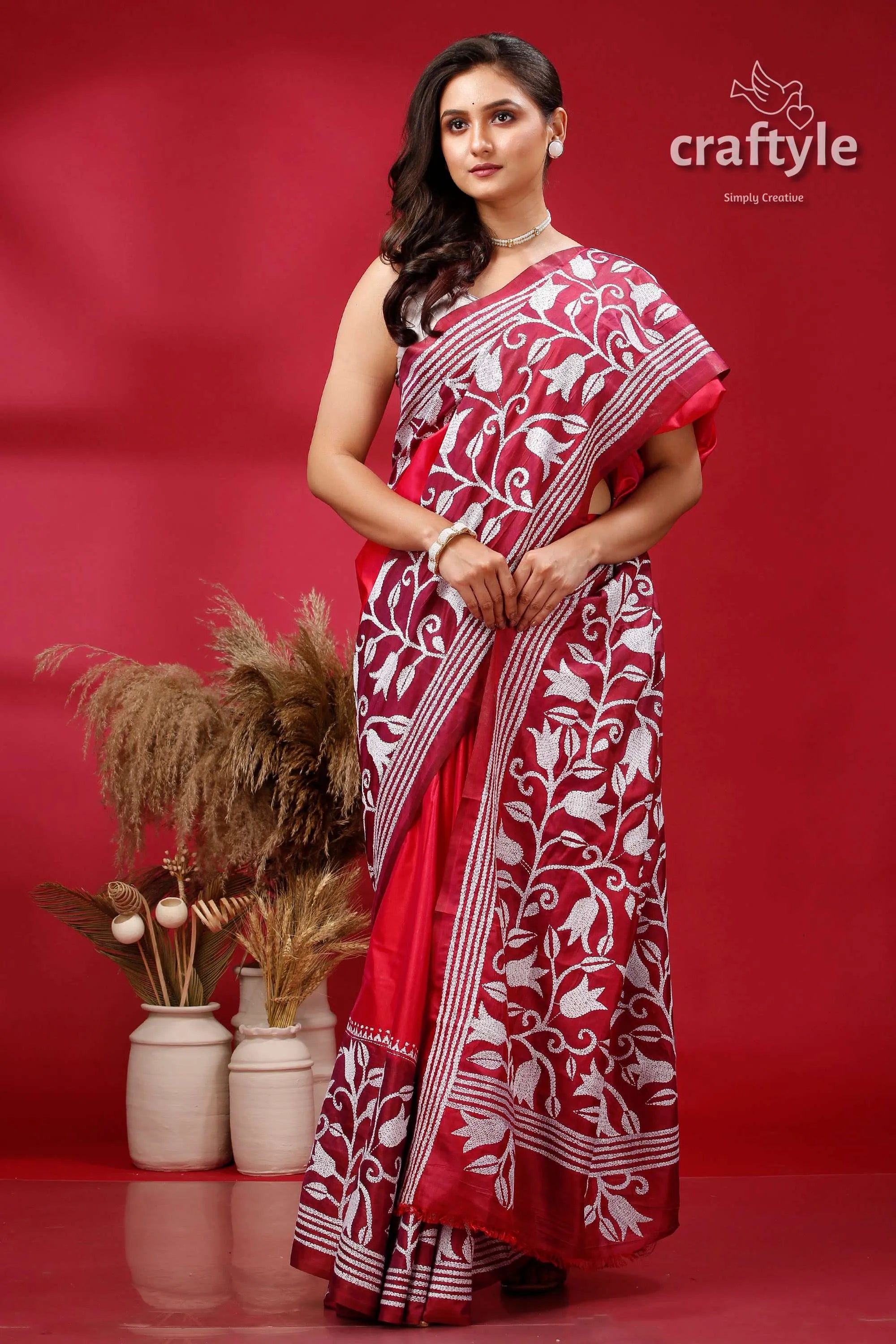 Red and amaranth purple dyed silk kantha stitch saree burgundy white floral saree 4