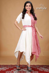 Red and white desighner cotton gown with belt woman’s white red checkered dress 3