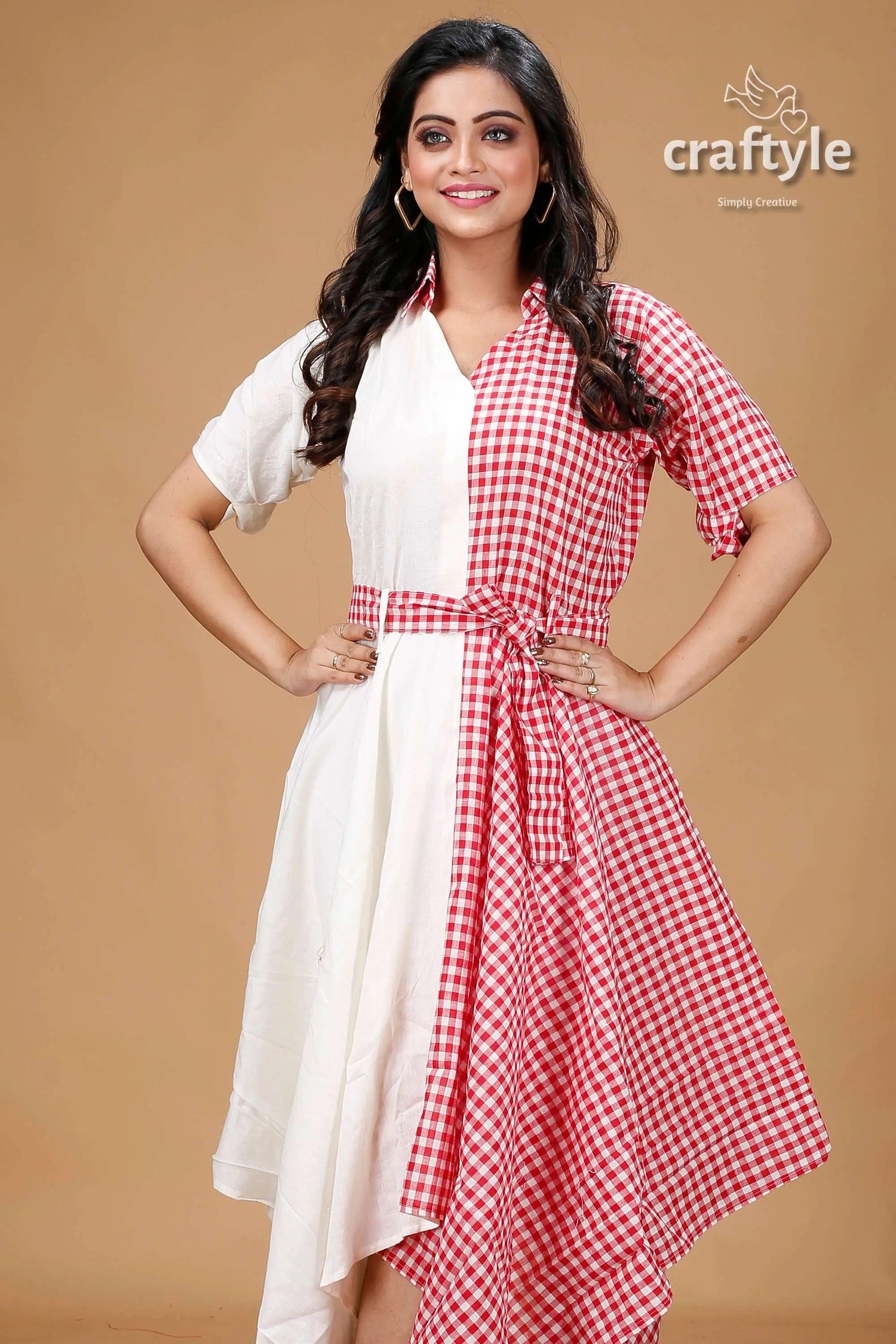 Red and white desighner cotton gown with belt half-white half-red-and-white checkered dress 2