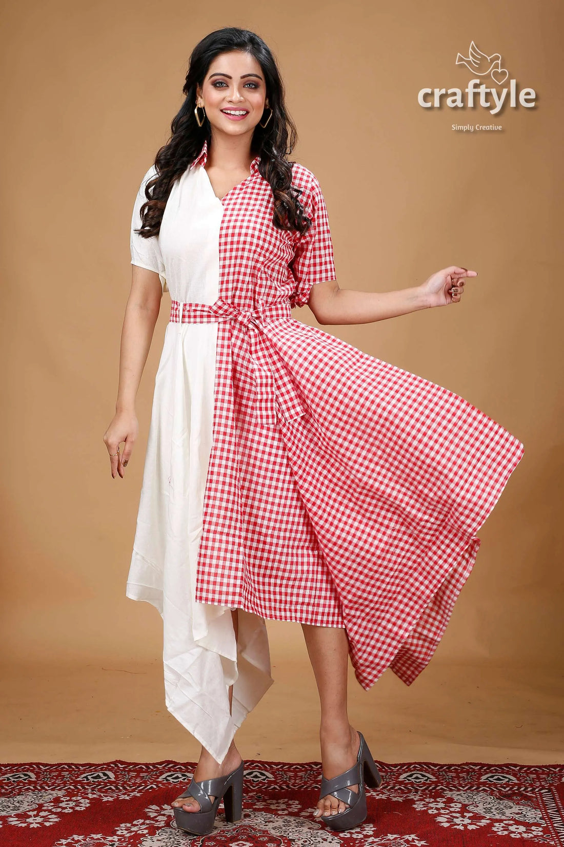 Red and white desighner cotton gown with belt woman’s checkered dress 1
