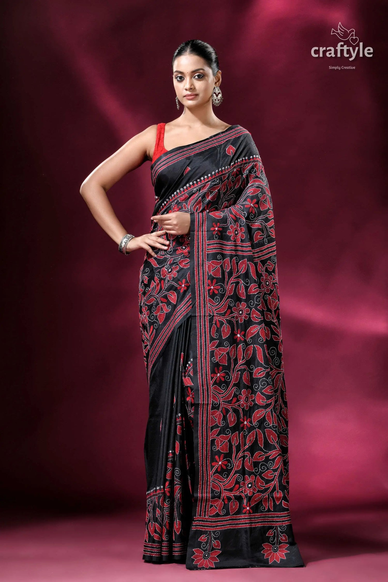 Red & black floral motif silk kantha work saree black saree red floral embroidery 1