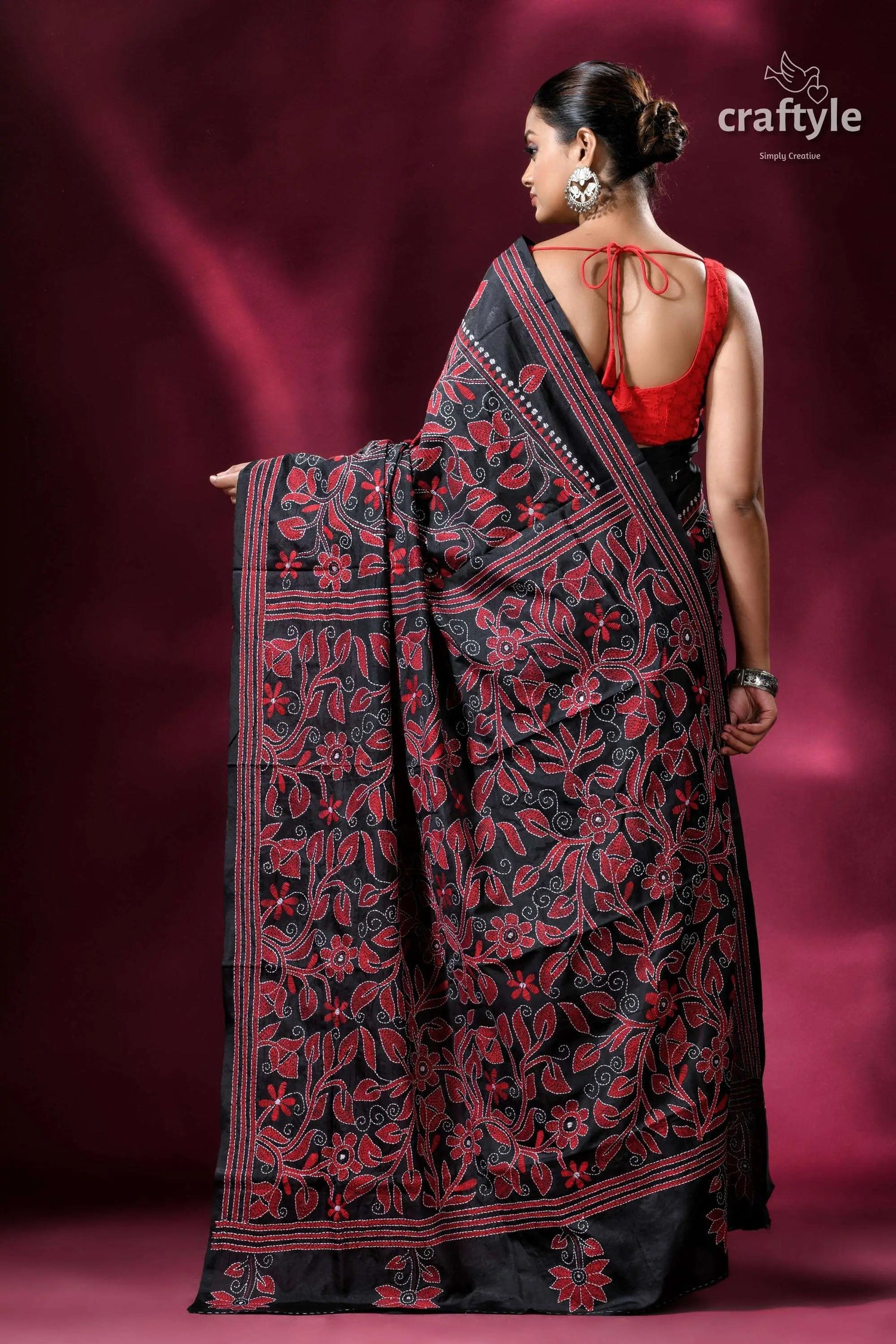 Red & black floral motif silk kantha work saree black saree red floral embroidery 5