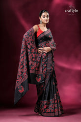 Red & black floral motif silk kantha work saree black saree red floral embroidery 4