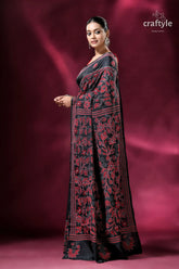 Red & black floral motif silk kantha work saree black saree red floral embroidery 3