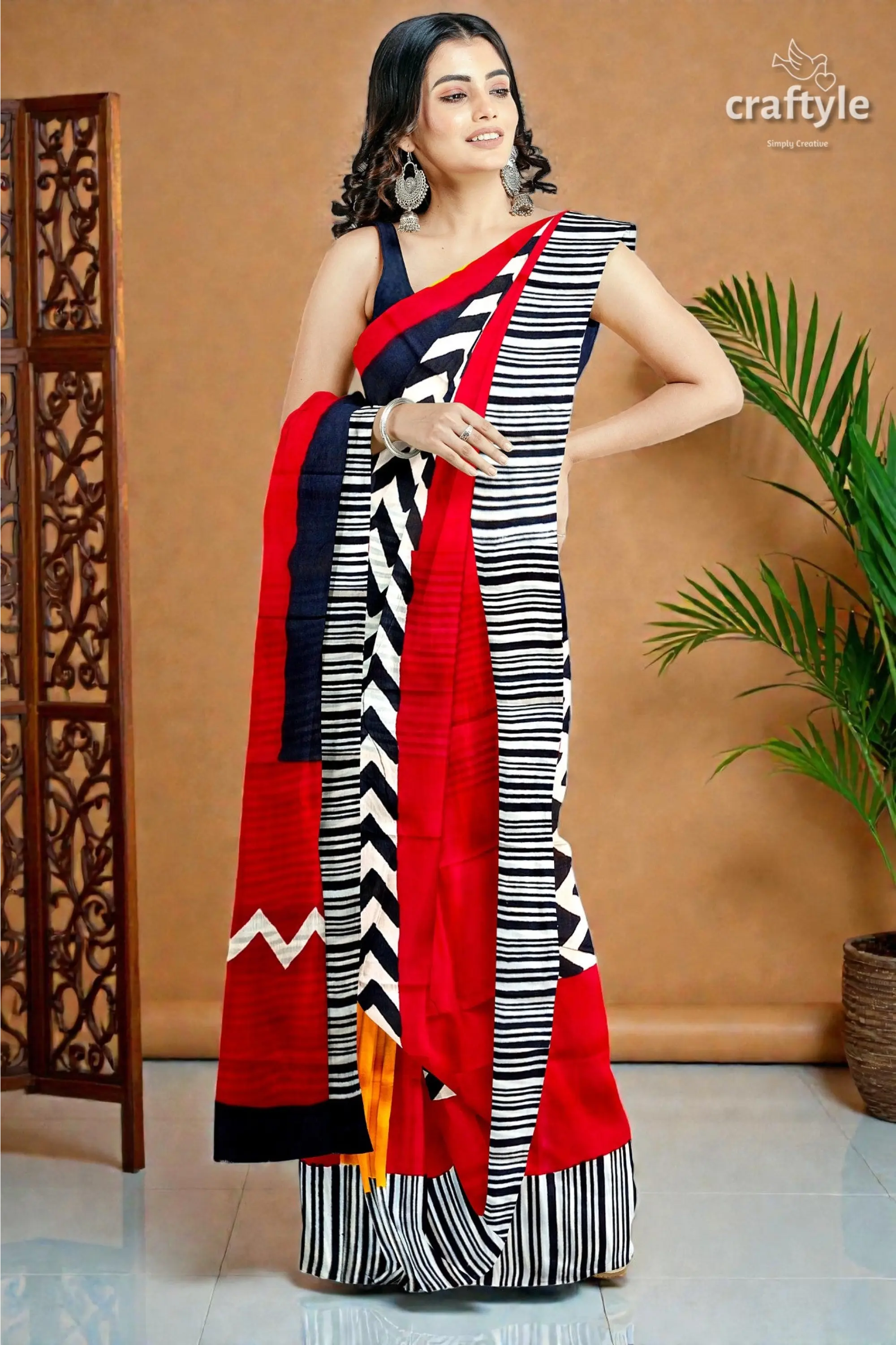 Red & black hand block print mulberry pure silk saree 4