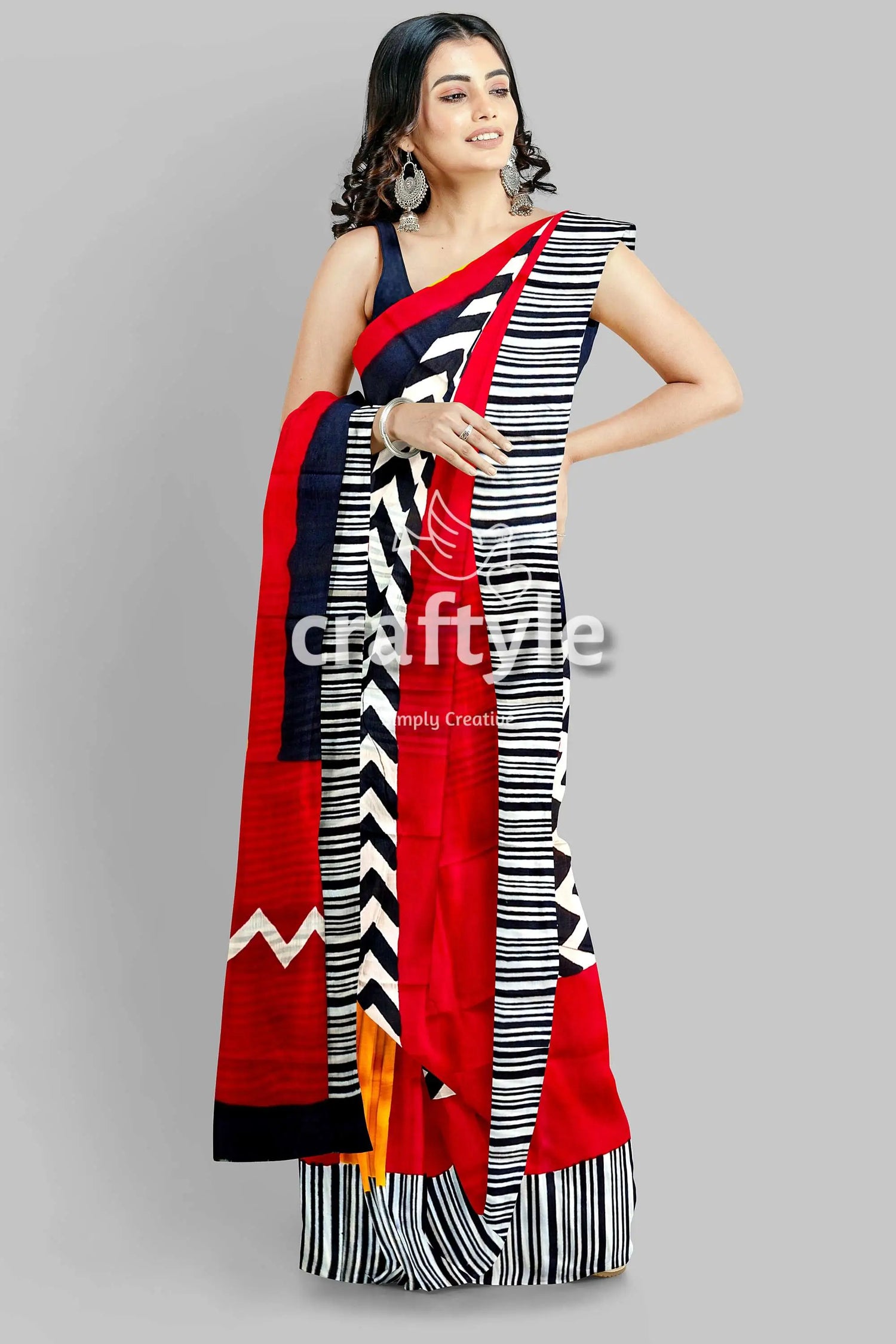 Red & black hand block print mulberry pure silk saree woman red black white striped 4