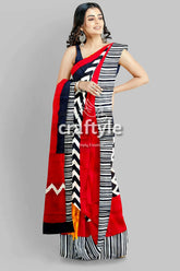 Red & black hand block print mulberry pure silk saree woman red black white striped 4