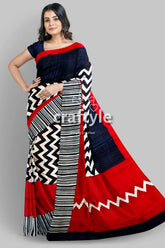 Red & black hand block print mulberry pure silk saree woman red black white patterned 1