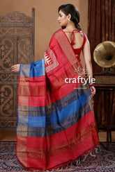 Red & blue temple work hand block printed zari pure tussar saree red blue striped saree 4