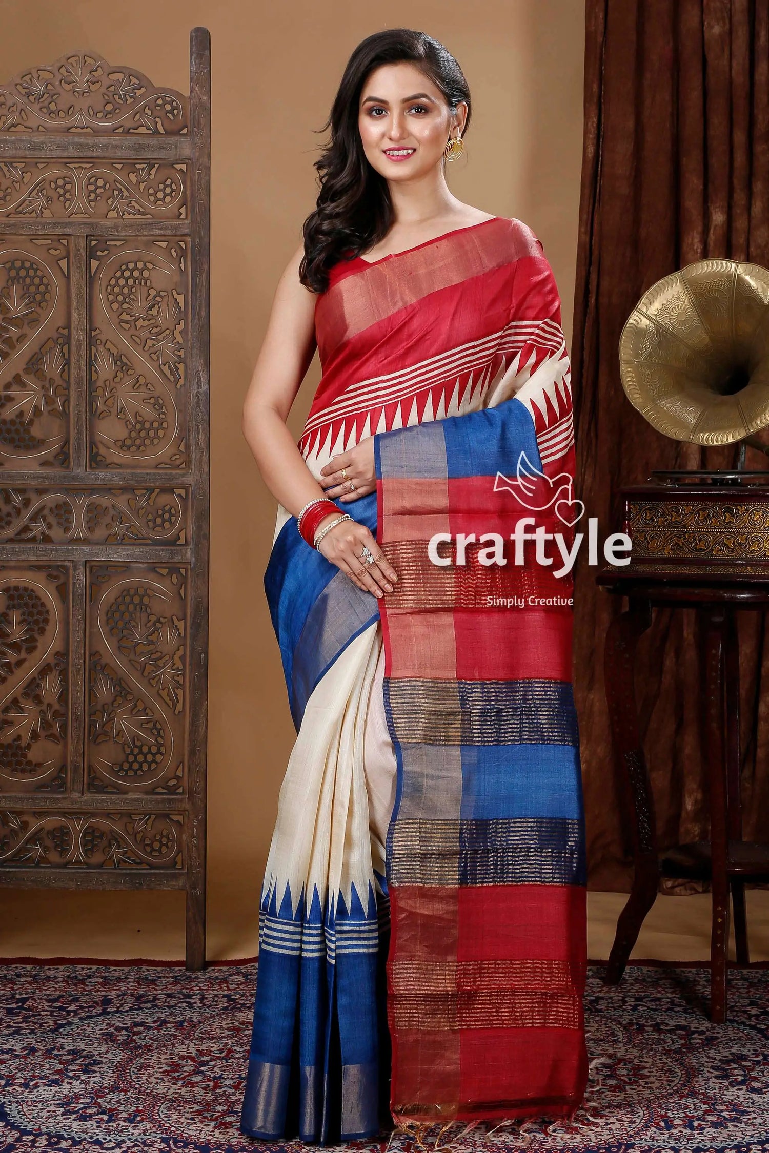 Red & blue temple work hand block printed zari pure tussar saree woman red white blue saree 1