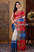 Red & blue temple work hand block printed zari pure tussar saree woman red white blue saree 1